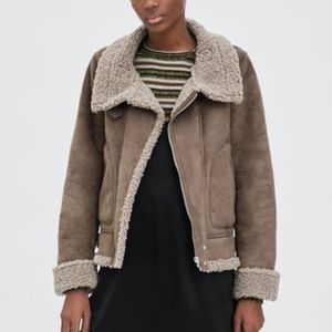 Zara TRF Brown High Collar Moto Zip Up Fleece Lined Winter Jacket Size Medium